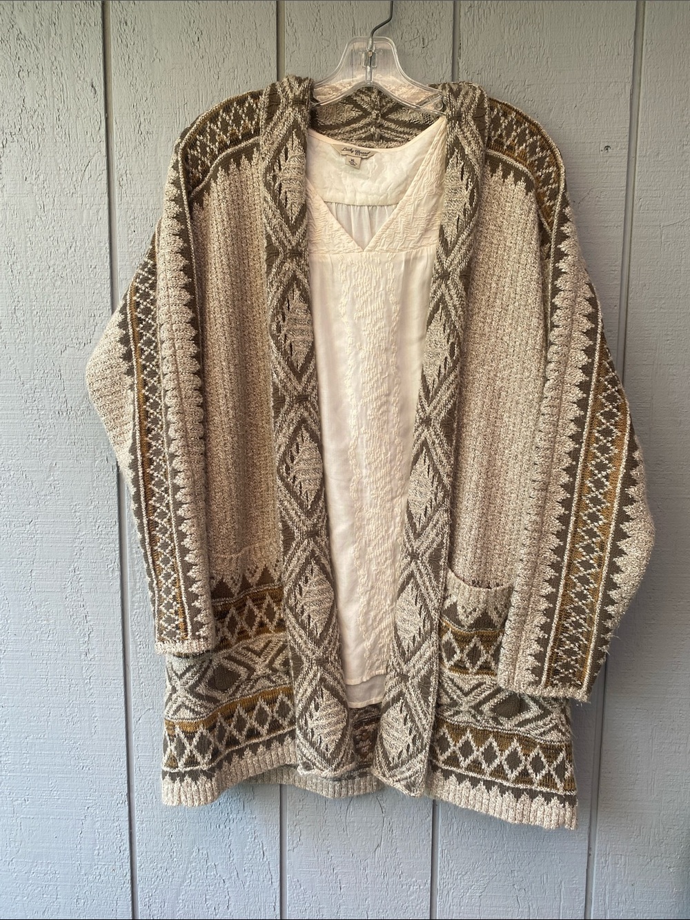 Lucky Brand Cream & Brown Patterned Open Cardigan and cream blouse bundle